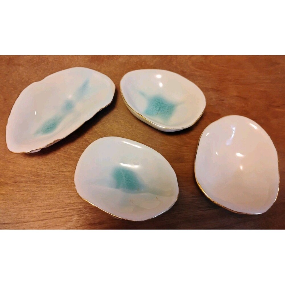 Set of 4 Artisan Ceramic Shell Trinket Dishes Gold Rim Teal Crackle Ring Holder